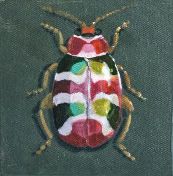 Irridescent red and green flea beetle